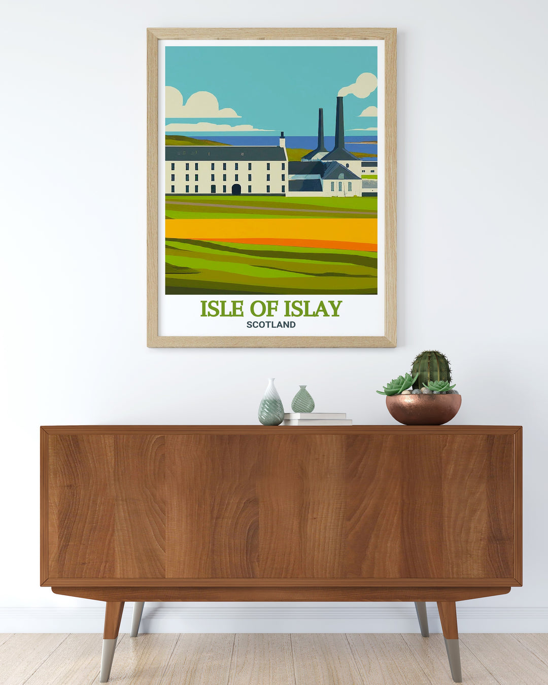 An art deco inspired travel print that brings the rich history of Laphroaig Distillery on the Isle of Islay into your home. The artwork combines traditional Scottish elements with a modern design, perfect for whisky lovers.