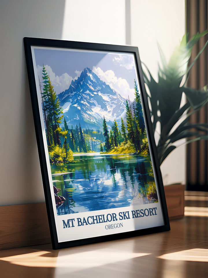 Celebrate the beauty of Mt Bachelor and Sparks Lake with this ski resort poster featuring vibrant colors and intricate details perfect for creating a stunning focal point in your living room or home office