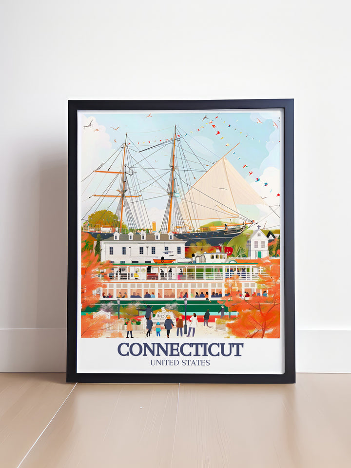 Mystic Seaport New England town modern art featuring Connecticut print and Bridgeport poster this stunning wall art brings the beauty of Connecticuts coastal towns to your home ideal for personalized gifts and stunning living room decor.