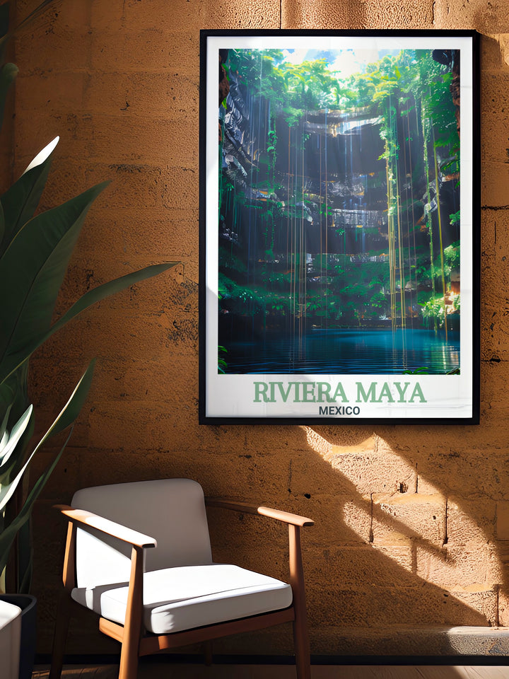 Stunning Cenote Ik Kil framed print from Riviera Maya Mexico perfect for beach decor and tropical art lovers. This detailed artwork makes an ideal Mexico gift enhancing home living decor with vibrant illustrations of Cenote Ik Kils serene and inviting atmosphere