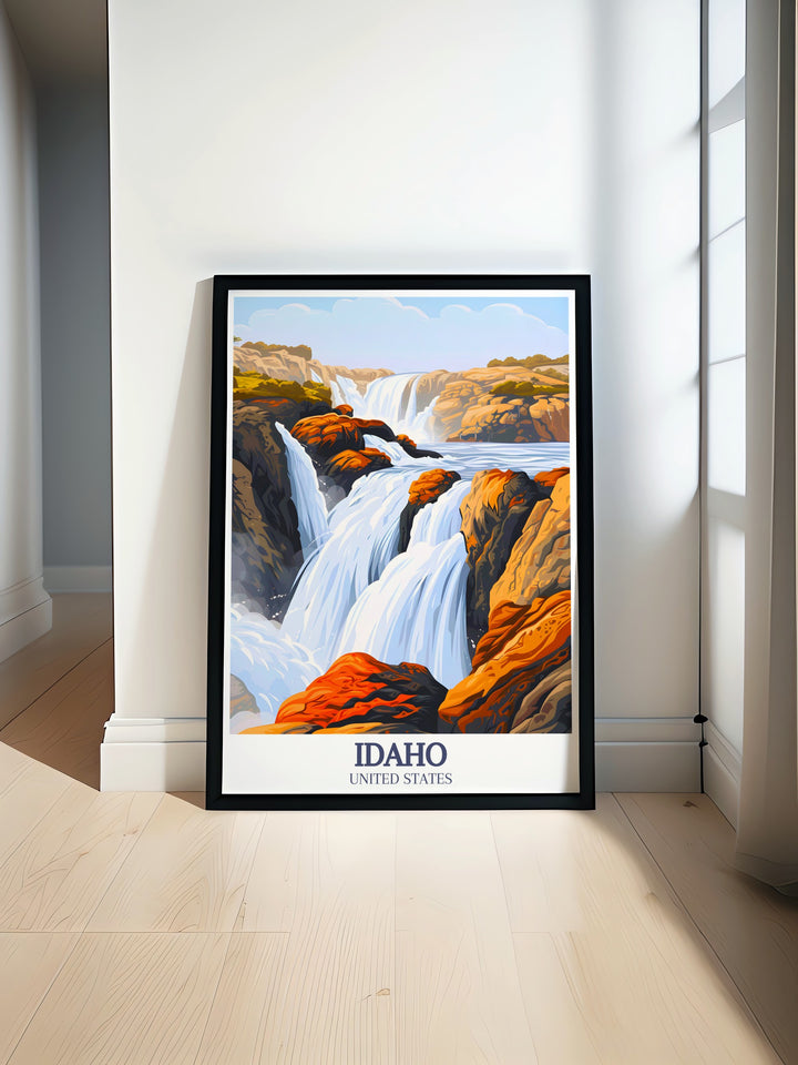 A vibrant Idaho wall poster showcasing the famous Shoshone Falls, also known as the "Niagara of the West." This travel print brings the powerful beauty of Idahos most iconic waterfall into your living space, perfect for fans of nature and scenic destinations.