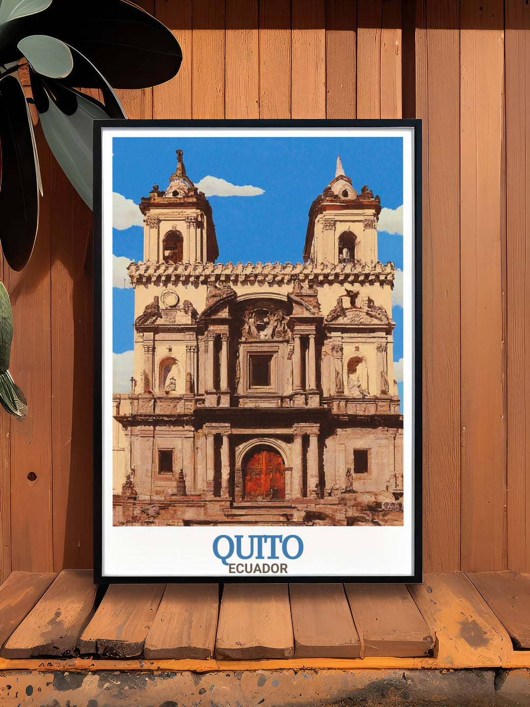 Quito Travel Poster highlighting the grandeur of La Compañía de Jesús Church, with its gold plated altars and ornate details. This wall print is perfect for lovers of historical architecture and those who admire Quitos rich heritage.