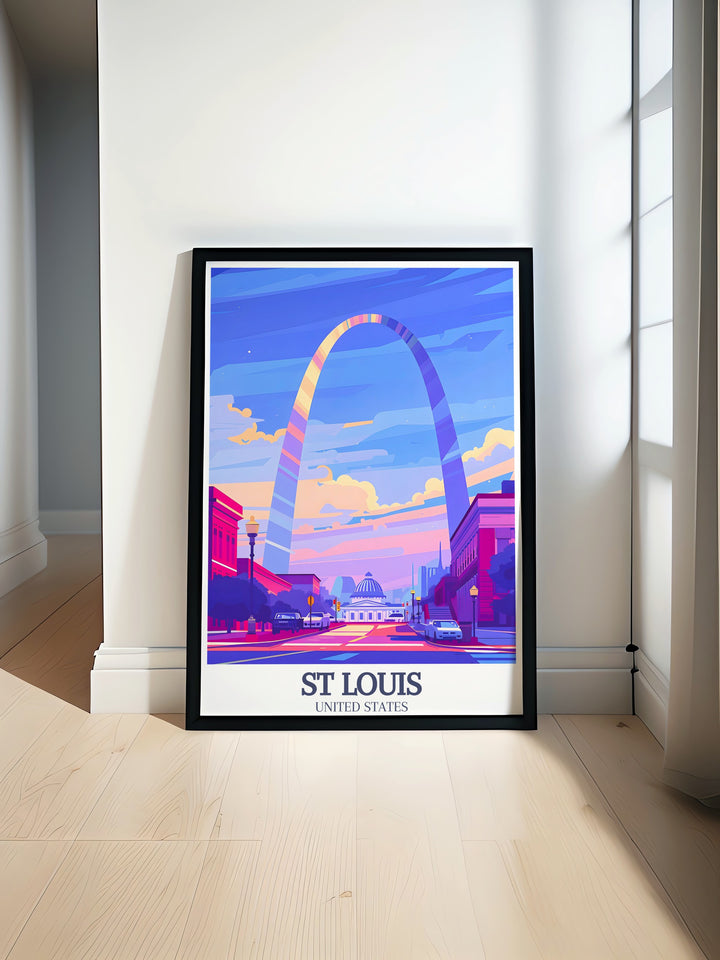 Beautiful St Louis travel poster featuring Gateway Arch and Old Courthouse perfect wall decor for modern homes and gifts highlighting the vibrant city color palette and iconic landmarks ideal for enhancing any living room with elegant home decor and artistic flair