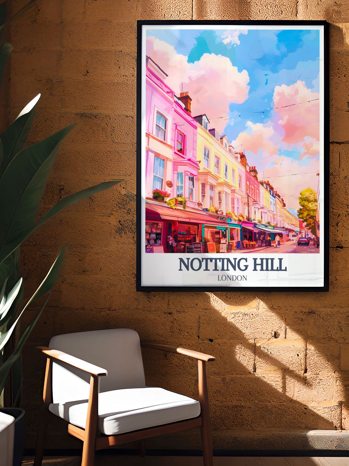 A beautiful Notting Hill Art Print, featuring the historic and modern charm of Portobello Road Market. This travel poster offers a stylish addition to any room and serves as a perfect London gift for art lovers.