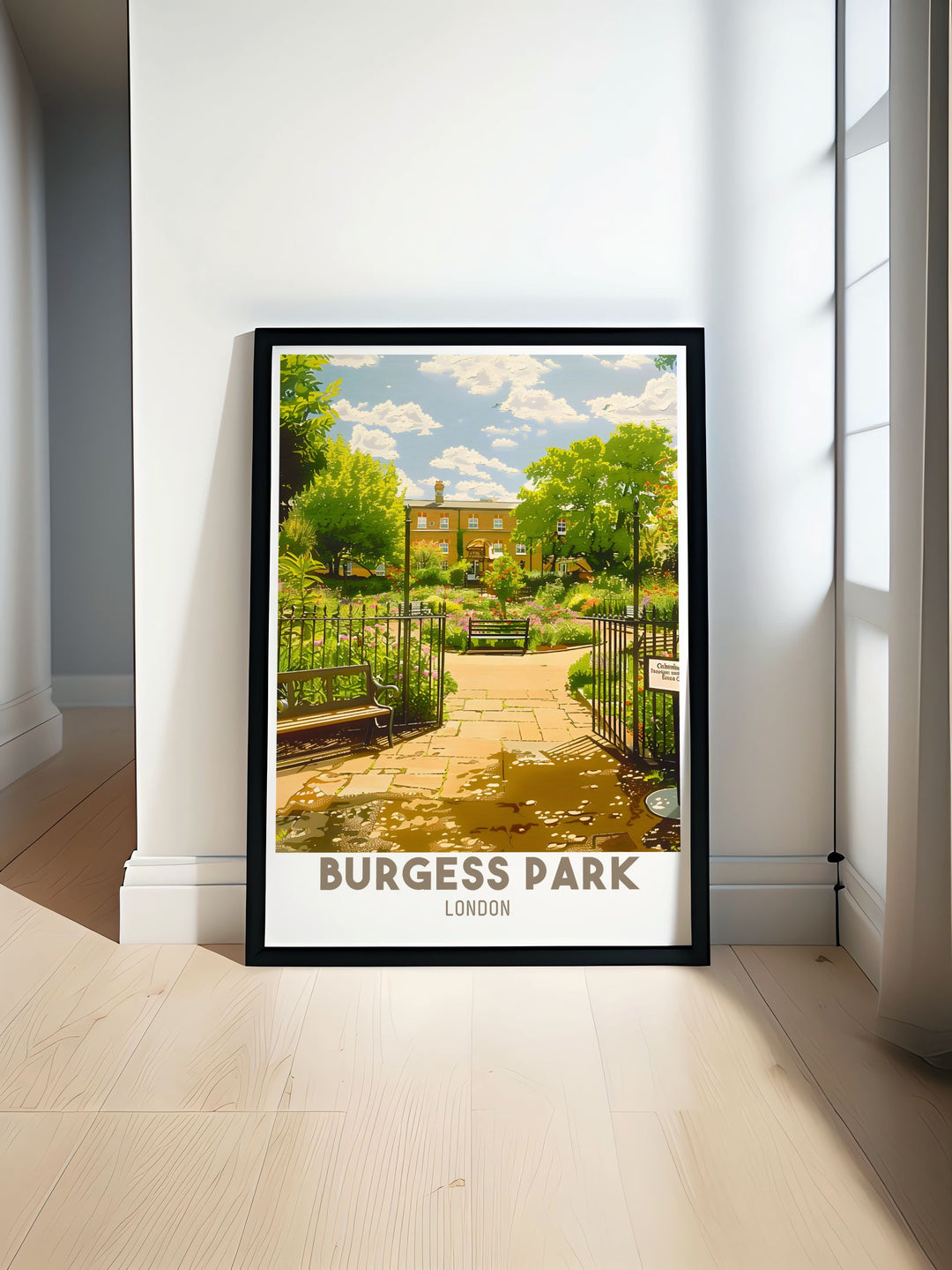 A vibrant depiction of Burgess Park in London featuring the lush greenery and tranquil Chumleigh Gardens, along with the inviting Chumleigh Café. The detailed artwork captures the serene atmosphere and vibrant colors, making it a perfect modern wall decor for any space.