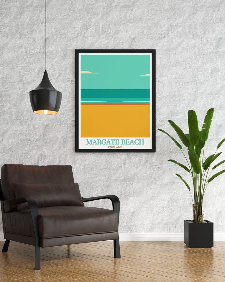 This Margate Beach Travel Print captures the beauty of Margate Main Sands and its iconic seafront, offering a vibrant depiction of one of the UKs most beloved seaside towns. Perfect for coastal decor, it brings a touch of the English seaside into your home.