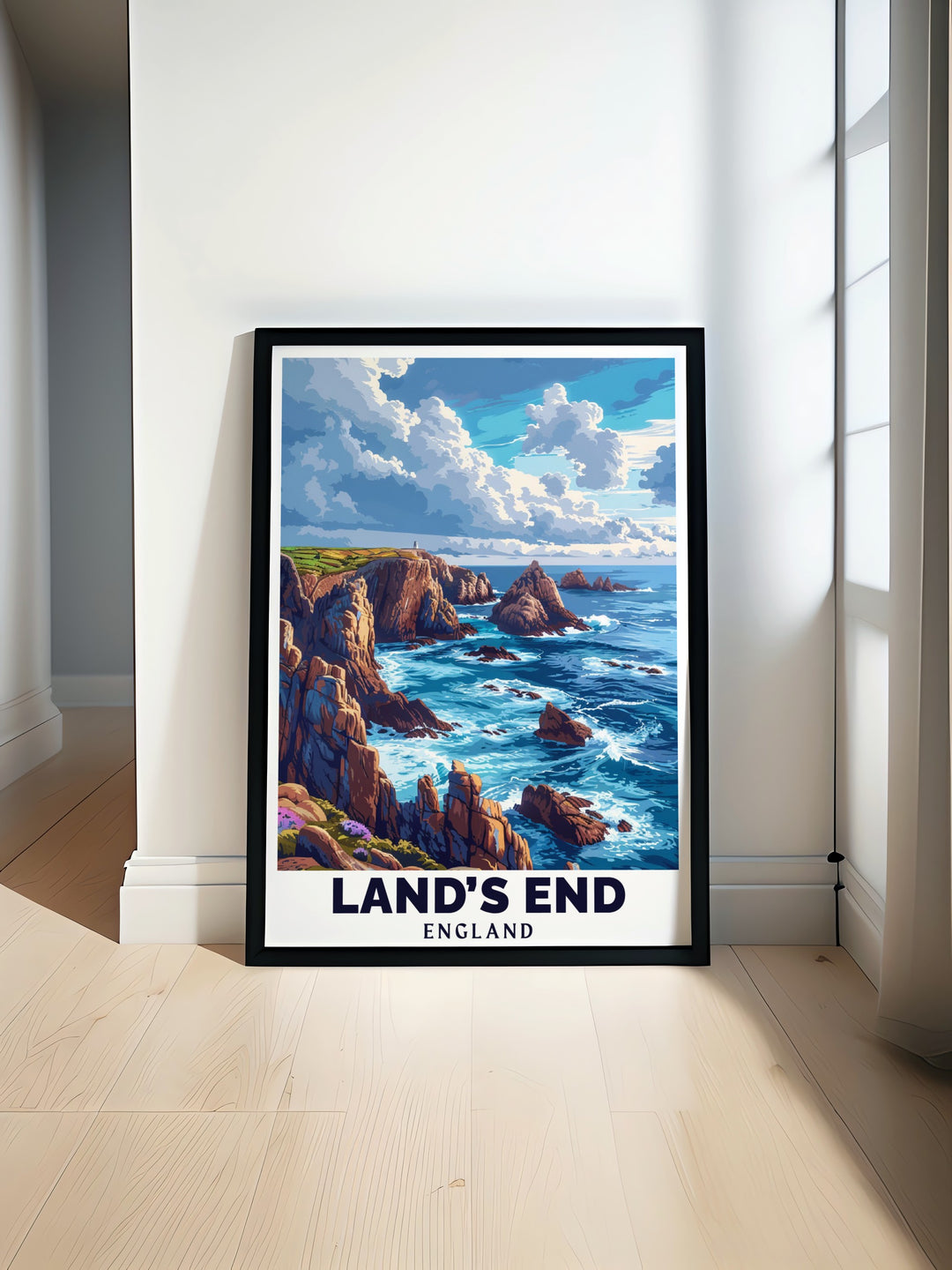 Land's End poster print showcases the stunning Coast Line of Cornwall featuring dramatic cliffs and sweeping ocean views. Perfect for Cornwall decor lovers looking to enhance their living space with coastal artwork and a timeless landscape scene.