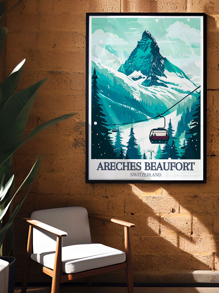 French Alps Ski Resort Poster featuring Pierra Menta Cuvy Chairlift offers a stunning view of the slopes of Areches Beaufort A vintage skiing print that makes the perfect addition to any collection of retro ski decor and wall art