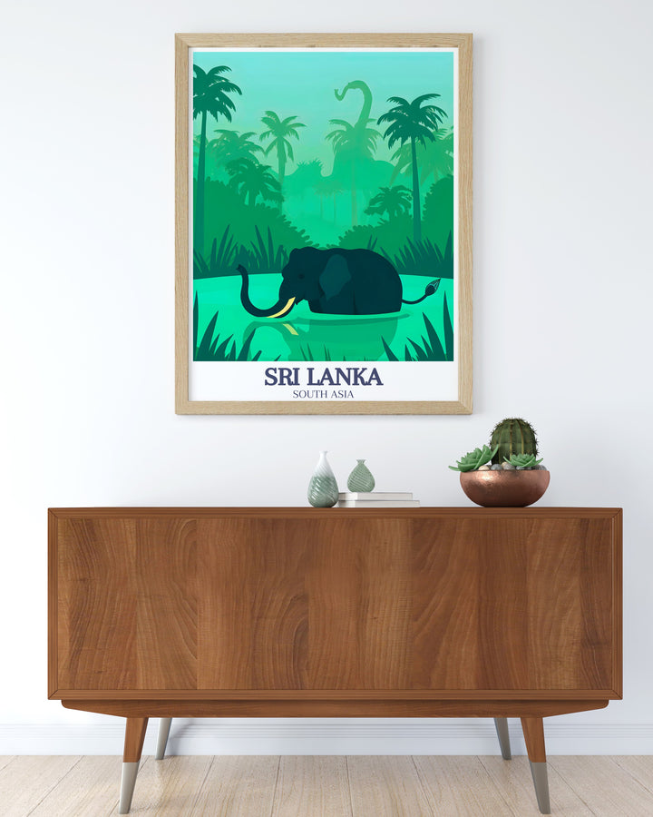 This Sri Lanka travel print highlights the natural charm of Pinnawala Elephant Orphanage and Pinnawala village. The artwork showcases the rural beauty of the area and the elephants that inhabit it, making it an ideal gift for those who appreciate nature and wildlife.