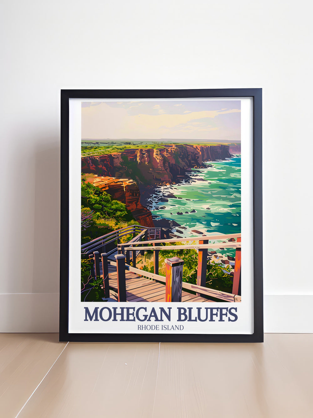 This framed art piece showcases Mohegan Bluffs and its iconic clay cliffs, offering a stunning depiction of Block Islands natural beauty. The vintage inspired travel print brings a serene coastal scene into your home or office, ideal for beach lovers and art enthusiasts.