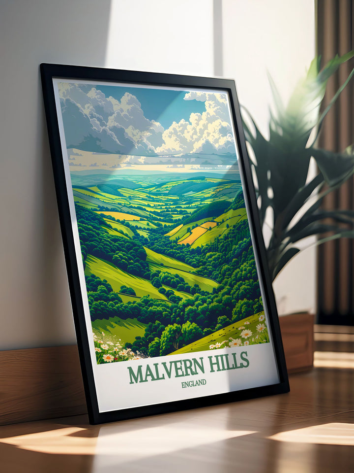 Great Malvern Priory modern prints highlighting the historical grandeur of this iconic landmark set against the picturesque Malvern Hills AONB a beautiful addition to UK countryside art that adds sophistication and elegance to any home with framed prints