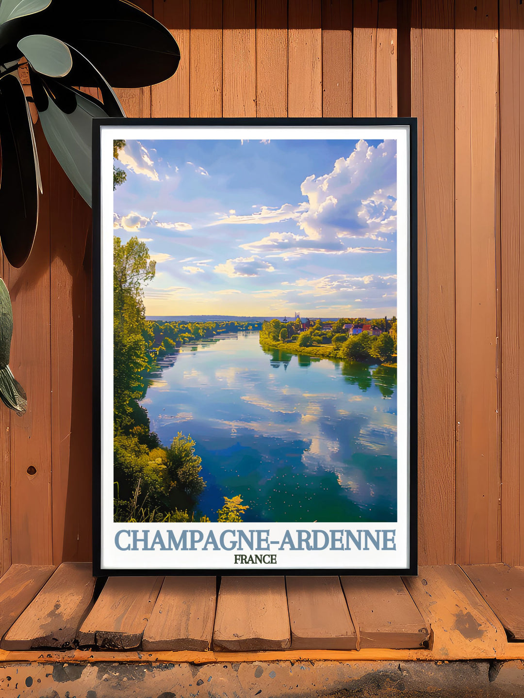 Elegant Marne River framed print highlighting the scenic beauty of the French countryside. Perfect for home decor, this France travel poster captures the essence of Champagne Ardenne with vibrant colors and detailed artistry.