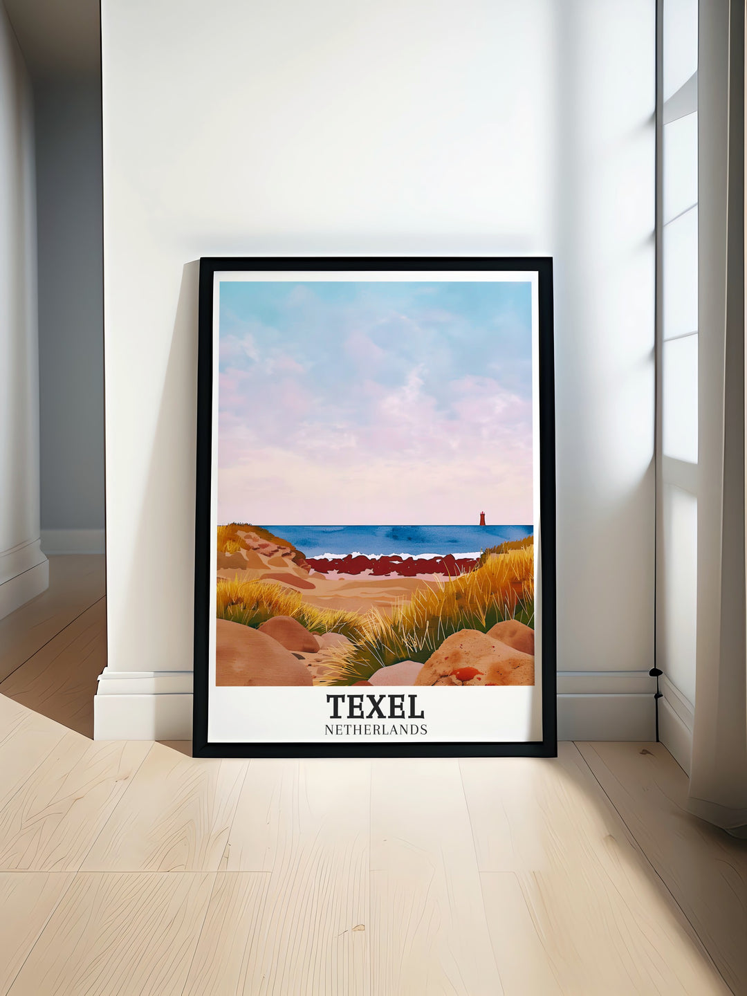 Texel Island and De Koof Beach art deco travel posters showcasing vibrant landscapes and iconic landmarks of The Dunes in the Netherlands. These framed travel posters are ideal for adding a touch of elegance to your wall decor. Experience the charm of Texel Island through our beautifully crafted art deco travel posters.