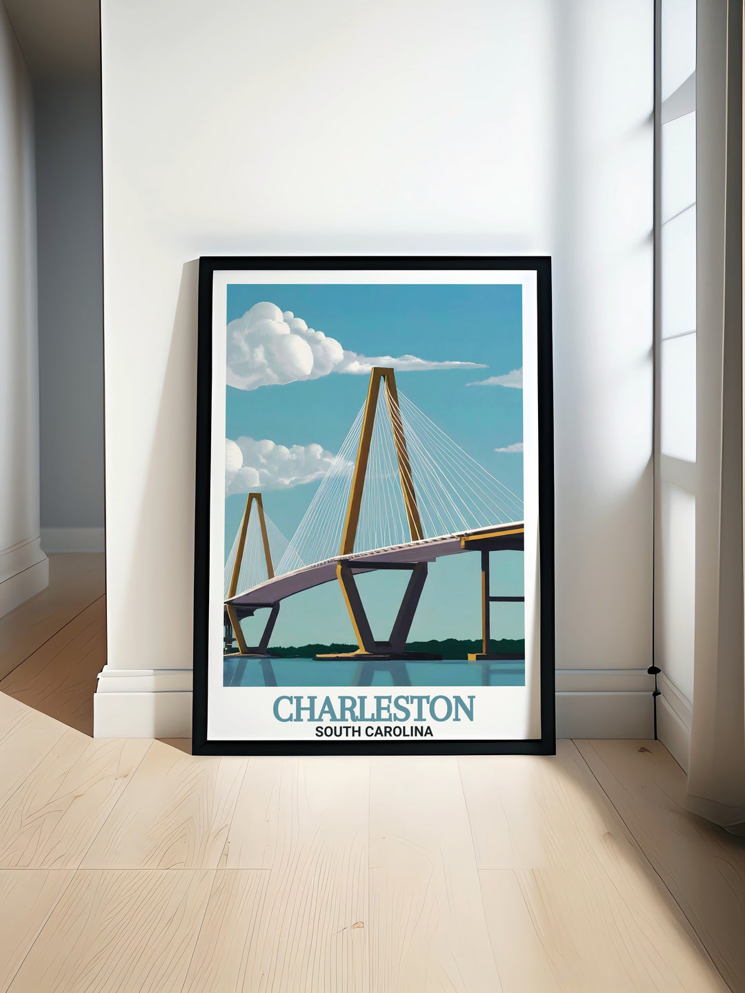 Arthur Ravenel Jr. Bridge travel poster print featuring the iconic Charleston landmark with stunning architectural lines and vibrant city color palette perfect for adding a touch of elegance to any home decor or as a unique gift idea