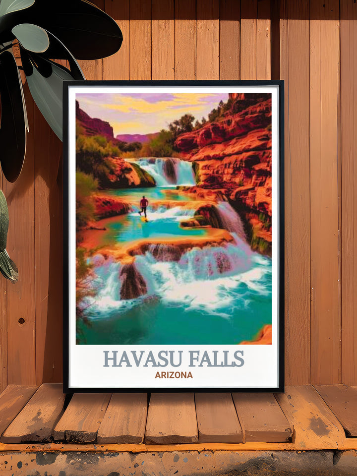 A stunning Arizona poster highlighting the serene and tranquil beauty of Havasu Falls, where vibrant waters meet the rugged desert landscape. This artwork is a perfect addition to any nature lovers collection.