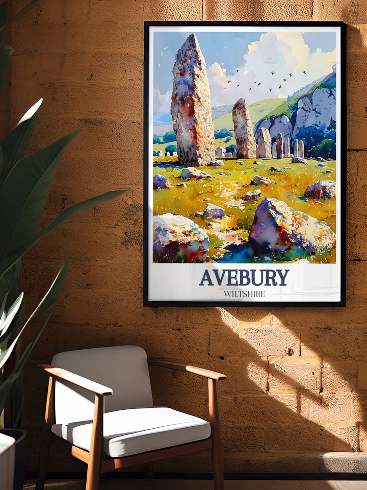 Avebury Stone Circles ancient mystique and the North Wessex Downs serene landscapes are beautifully depicted in this art print, making it a versatile piece for any home decor.