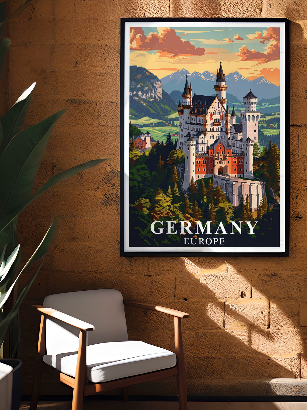 Elevate your space with this striking poster of Neuschwanstein Castle and Berlin, a tribute to Germanys architectural beauty and rich history. Perfect for those who appreciate travel and art.