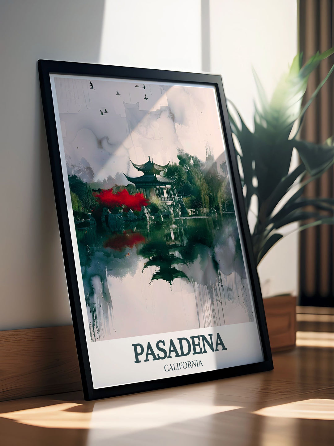 Colorful Pasadena poster showcasing the serene beauty of the Huntington Library and Botanical Gardens Liu Fang Yuan Chinese Garden. Ideal for modern home decor and gifts