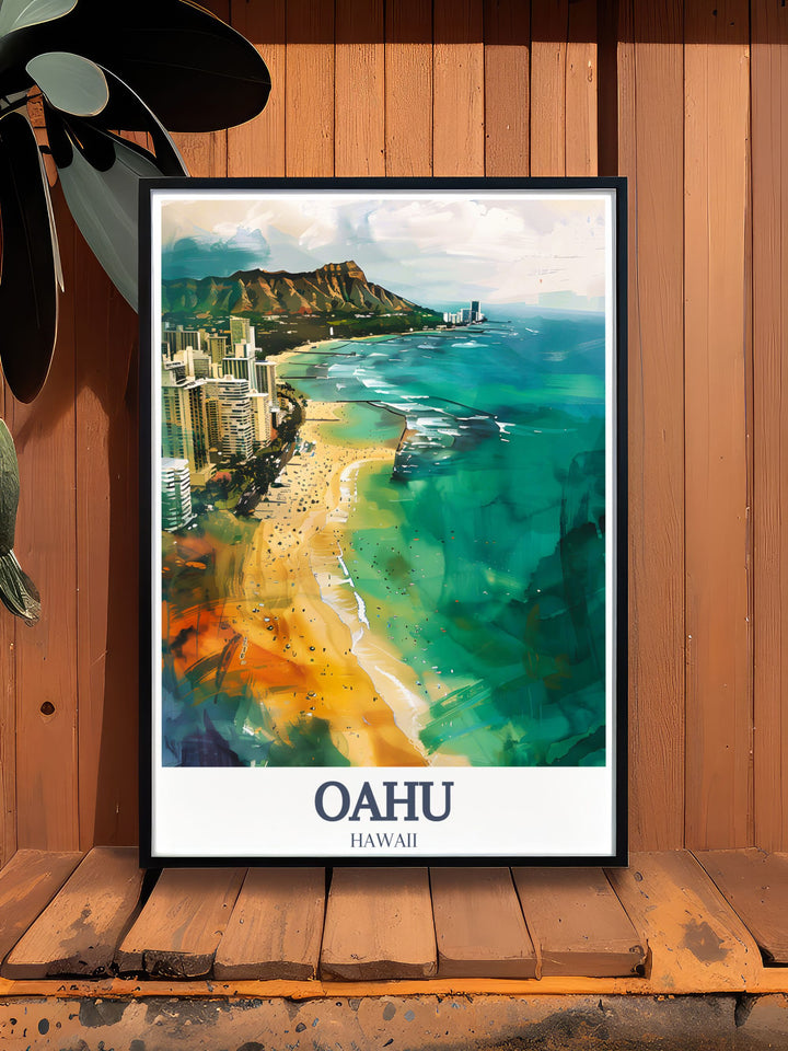 Oahu Poster Print featuring the iconic Diamond Head and Waikiki Beach. This Hawaii travel art is perfect for bringing the tropical beauty of Oahu into your home. Ideal for travelers and anyone who loves Hawaii, this print adds a vibrant touch to any room.