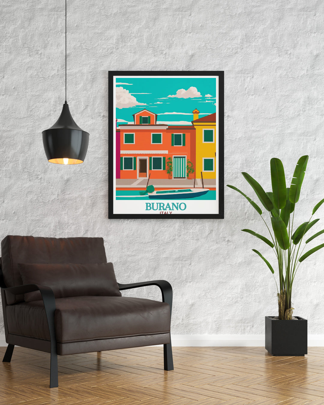 Stunning Burano wall art featuring the colorful houses and tranquil waterways of Burano. This Burano City Print is perfect for enhancing your home decor with a touch of Italian charm and vibrant colors.