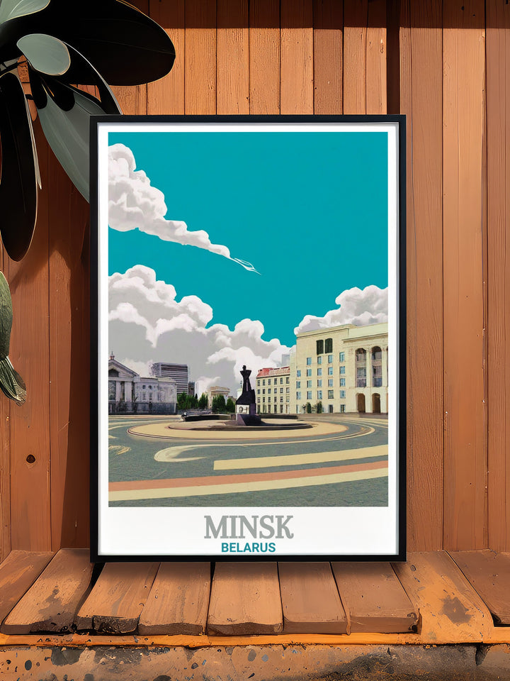 Featuring Minsks Independence Square, this minimalist travel poster offers a sleek, contemporary representation of Belaruss capital. The vibrant color palette and clean lines make it a versatile piece of wall art thats perfect for living rooms, offices, or guest spaces.