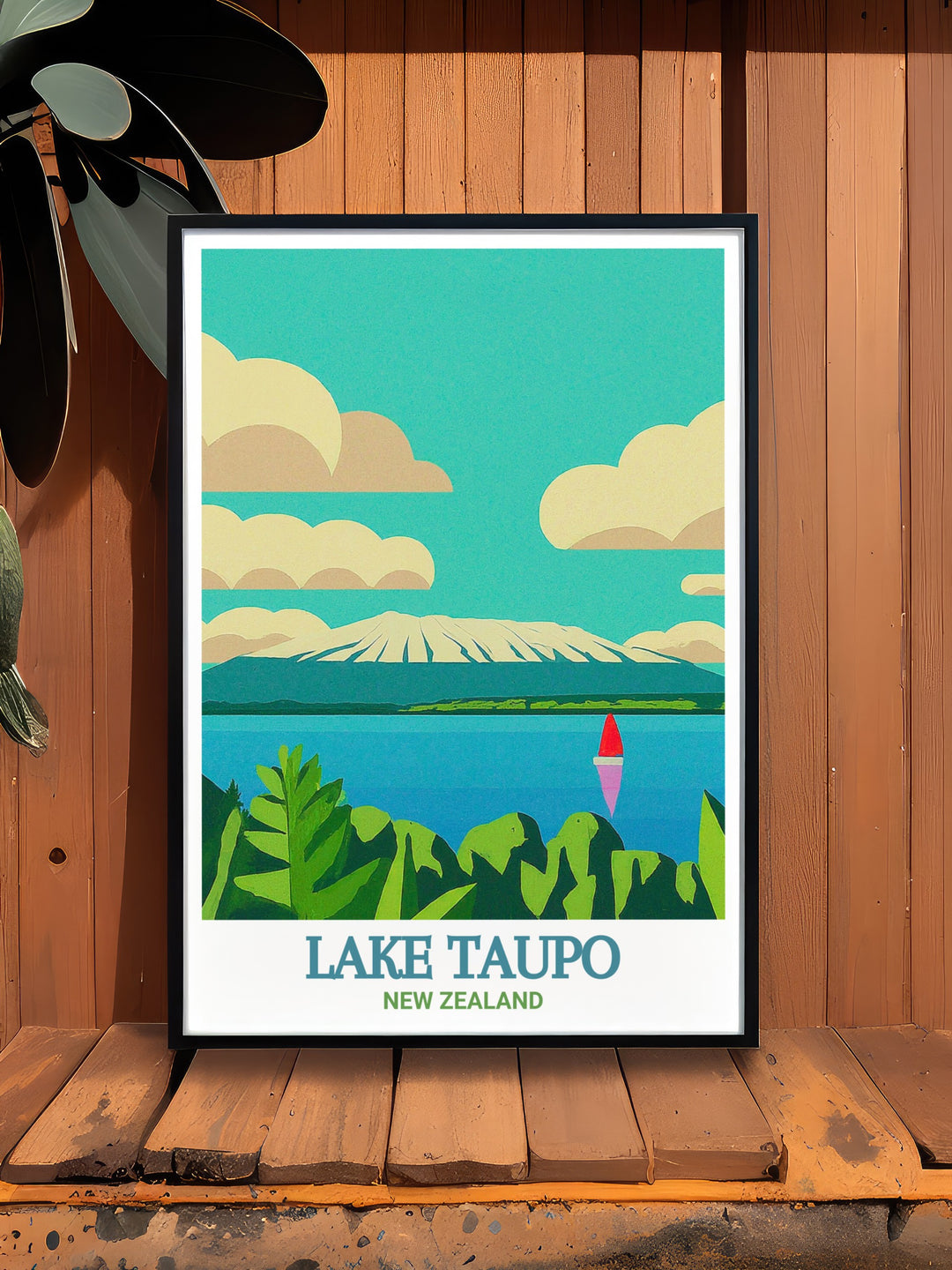 Lake Taupo Wall Print showcasing the serene and expansive beauty of New Zealands Lake Taupo, where the tranquil waters and lush surroundings create a stunning visual spectacle. This wall print is designed to bring the beauty of New Zealands natural environments into any interior space.