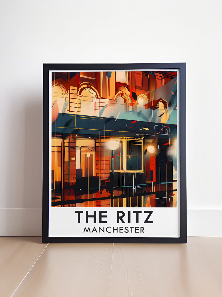 This vintage travel poster showcases the exterior facade of The Ritz Manchester, one of the citys most iconic music venues. The art deco design adds a touch of retro elegance, making this print perfect for fans of music and architecture alike.