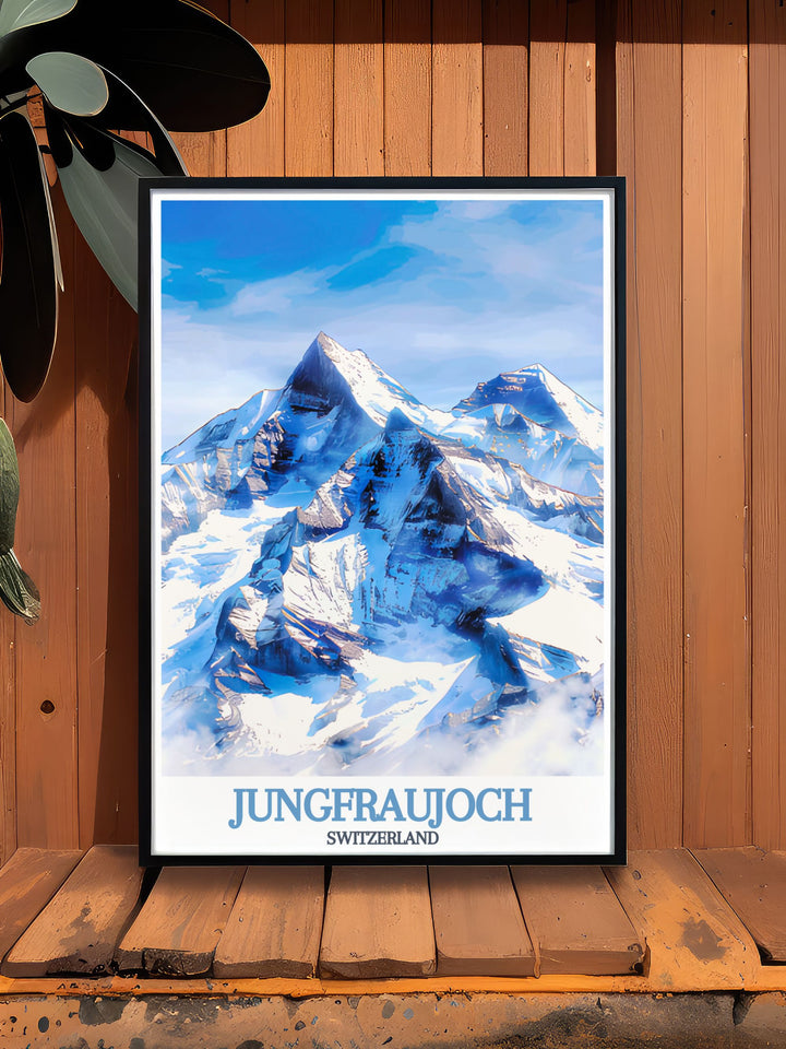 Featuring the rugged beauty of the Eiger, Mönch, and Jungfrau peaks, this Switzerland art print captures the essence of the Alps. Ideal for those who love to explore the outdoors, this poster brings a piece of Switzerlands iconic mountains into your space.