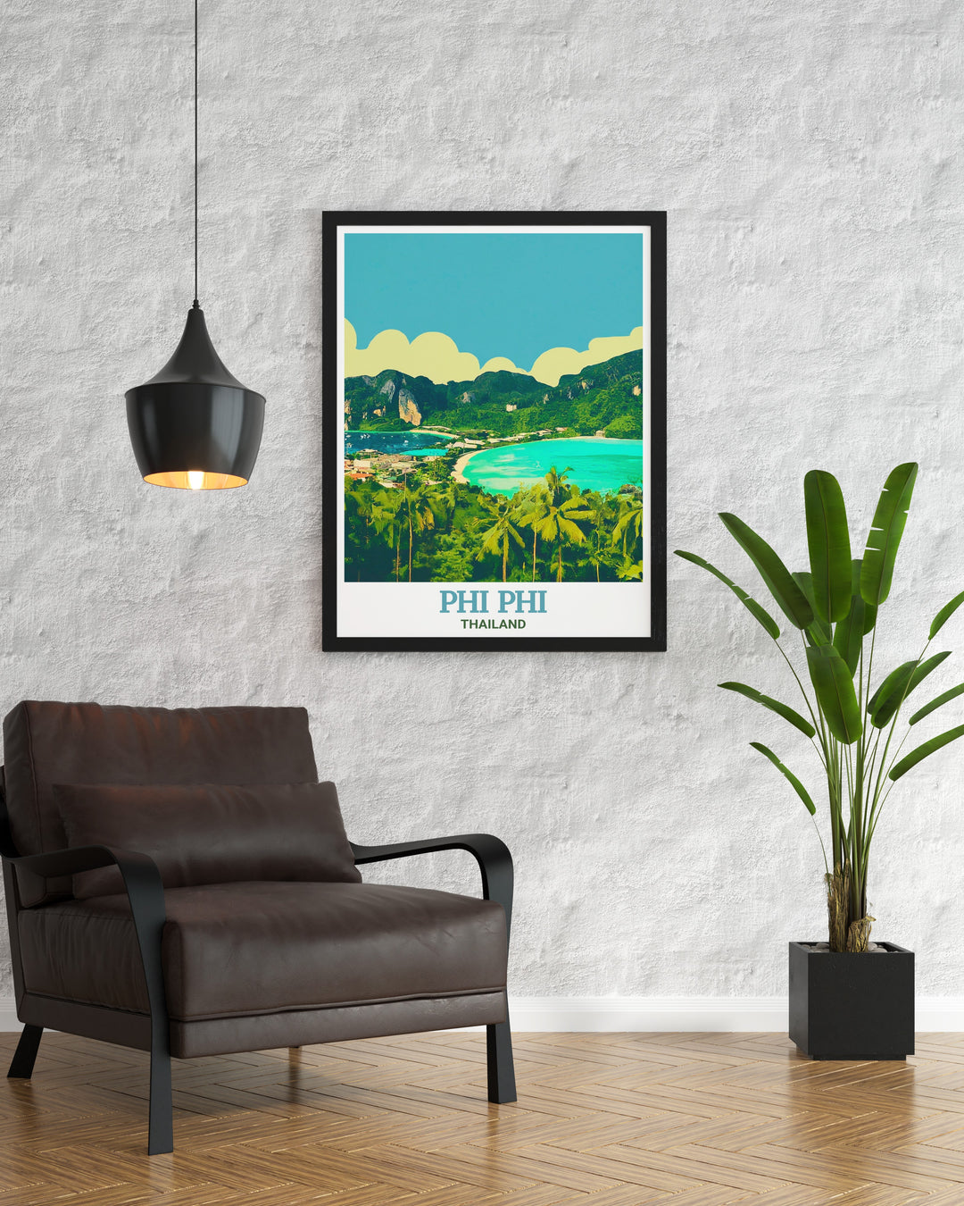 Phi Phi poster print capturing the panoramic beauty of the Phi Phi Islands from the viewpoint, showcasing the turquoise waters, lush greenery, and stunning cliffs that define this Thai paradise. Perfect for adding a touch of exotic elegance to any space, this travel print is ideal for home décor or as a Thailand travel gift.