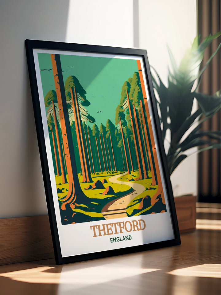 Explore the stunning landscapes of Thetford Forest Park with this wall decor, featuring the rich greens and peaceful paths of this iconic English forest. This print is perfect for anyone who loves the outdoors and wants to incorporate it into their home