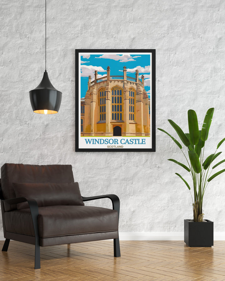 Highlighting the grandeur of Windsor Castle and St. Georges Chapel, this poster print beautifully captures the essence of Englands rich royal history. Ideal for history buffs and travelers, this art piece is a sophisticated way to bring English culture into your home.