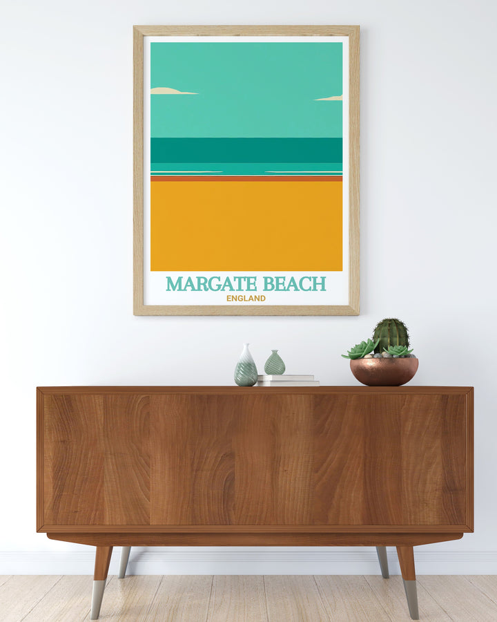 Featuring Margates beautiful beach and seafront, this Margate Travel Poster captures the lively energy of the town. Perfect for coastal home decor, it offers a fresh take on one of Englands most cherished seaside destinations.