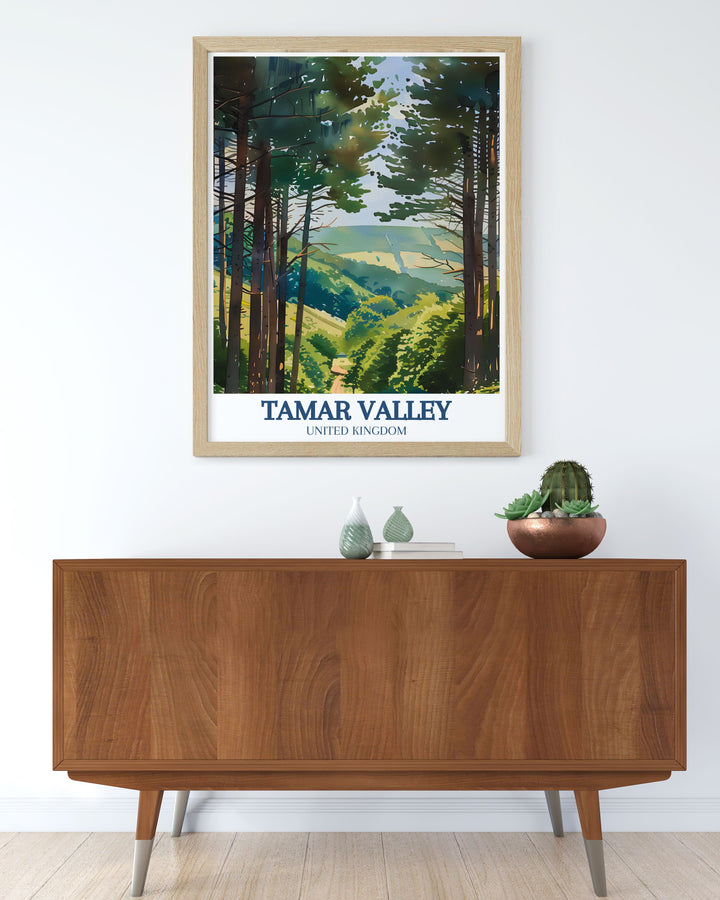 Add a touch of sophistication to your home with the Tamar Trails and Kit Hill modern art. This West Country poster showcases the stunning landscapes of Cornwall and Devon, making it a perfect wall decor piece for any room.