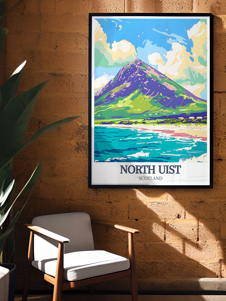 A striking North Uist poster print that highlights the contrasting beauty of Eaval Mountain and the serene Sollas Beach. This travel print is ideal for anyone who loves Scottish landscapes, making it a great addition to any room or a perfect gift for adventure seekers.