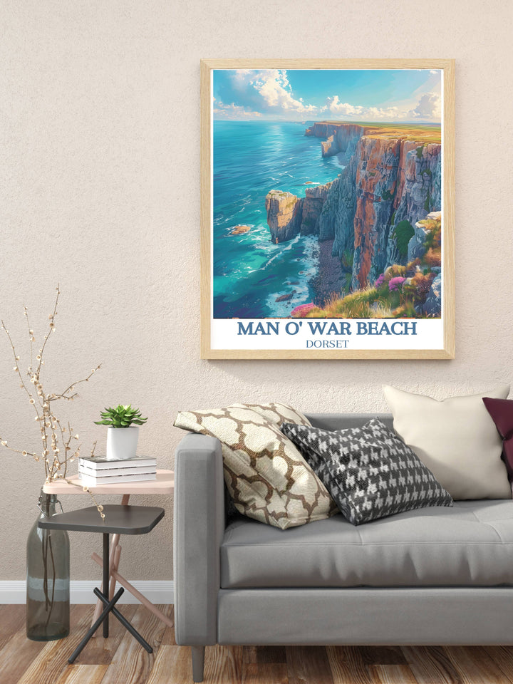 Durdle Door Arch and Jurassic Park Cliffs artwork showcasing the breathtaking landscape of Dorset perfect for Dorset travel posters prints and home decor adding a touch of elegance and natural beauty to any room ideal for gifts and enhancing your living space.