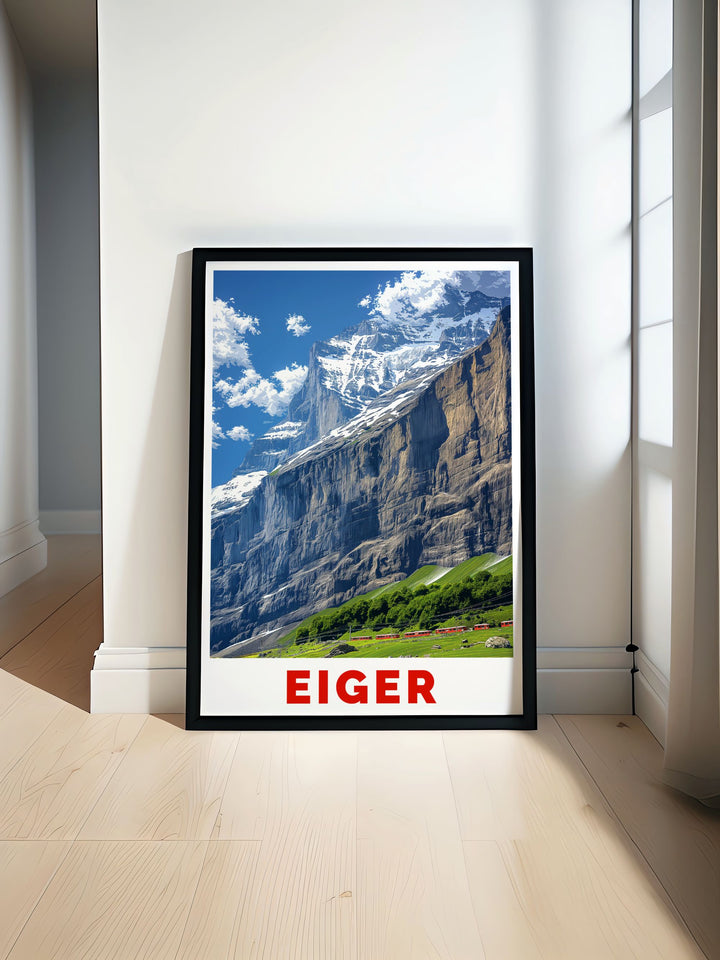 Beautiful Eiger poster showcasing the majestic mountain and the serene village of Grindelwald ideal for adding a touch of the Swiss Alps to your home decor with this stunning vintage travel print capturing the charm and beauty of Switzerland.