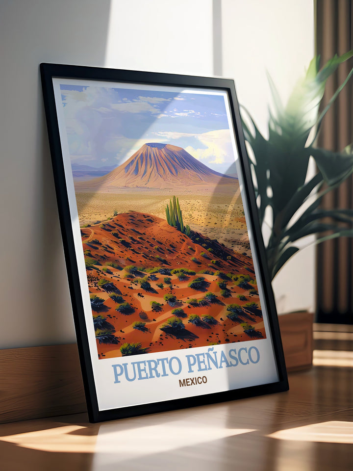 Framed art of Puerto Peñasco showcasing the lunar landscapes of El Pinacate Biosphere Reserve, with its massive craters and sweeping desert vistas. This detailed artwork is a beautiful representation of one of Mexicos most extraordinary natural sites, making it a perfect addition to any nature themed decor.