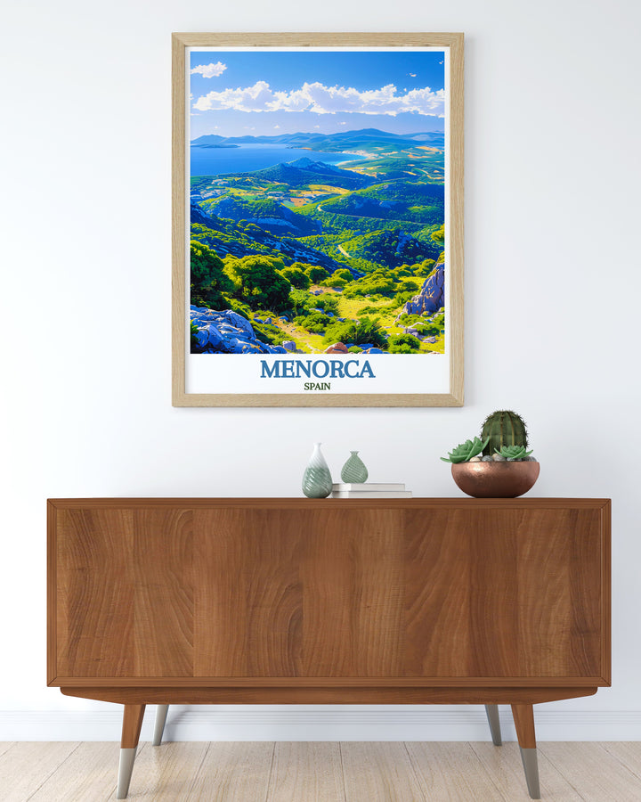 Monte Toro artwork capturing the scenic beauty of Menorcas iconic mountain peak with its lush green hills and peaceful surroundings ideal for Spain travel art and gifts providing a refined and picturesque addition to any rooms decor.