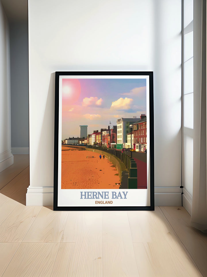 This Herne Bay poster print showcases the serene beauty of Herne Bay Beach in Kent. Featuring the vibrant beach huts and the calm sea, this Kent travel print brings the tranquility of the British seaside into your home. Perfect for lovers of coastal décor and Kent artwork.