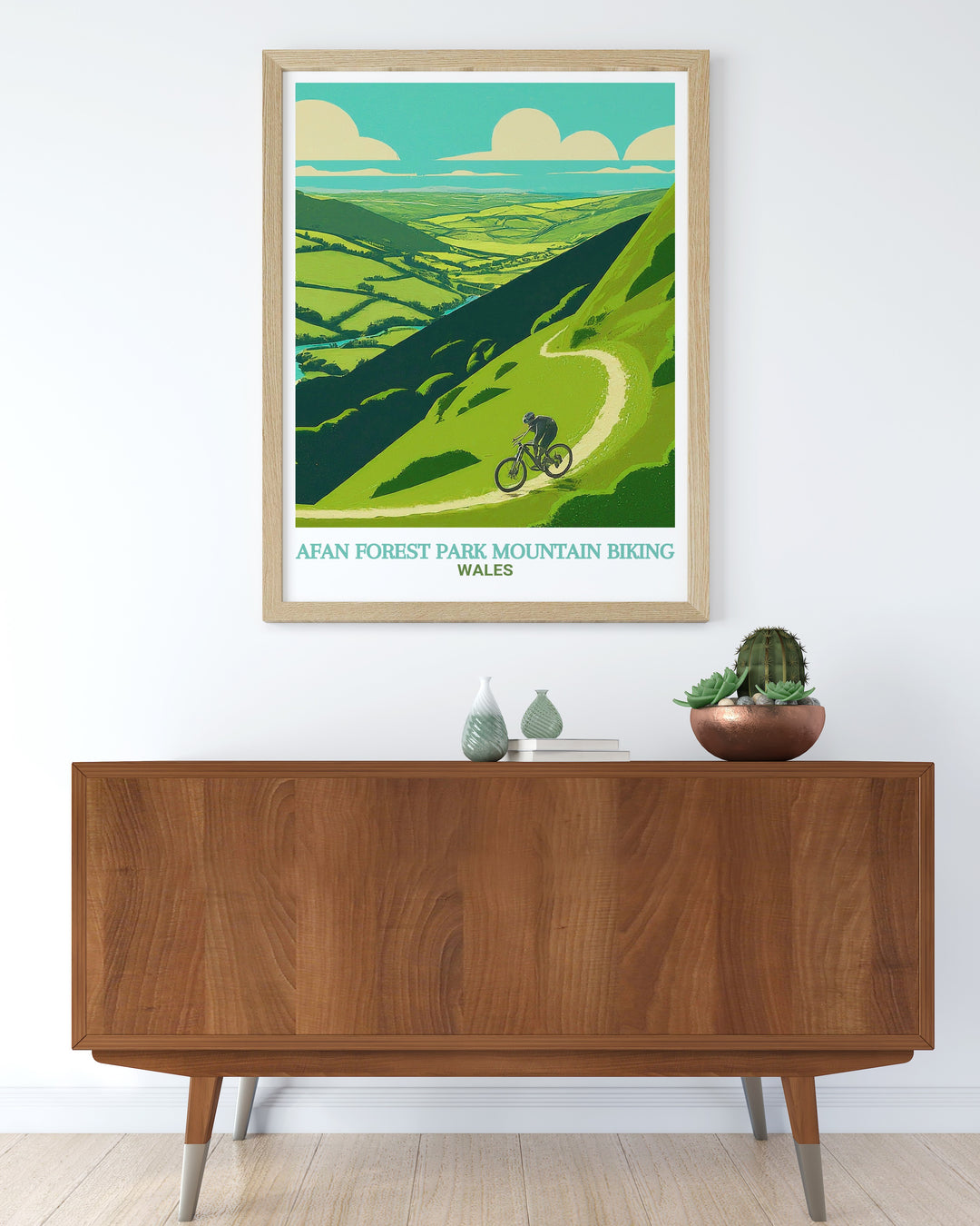 Afan Forest Park travel poster featuring the renowned Skyline Trail and its exciting MTB routes. This cycling wall art is perfect for mountain biking fans who love the beauty and adventure of South Wales most famous trails.