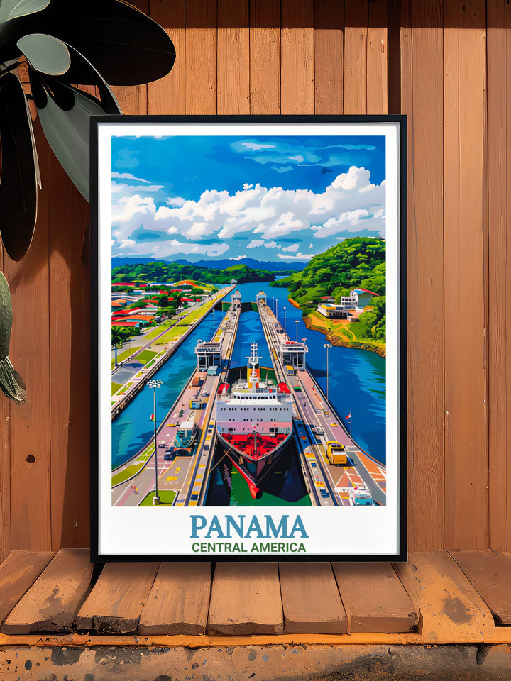 Panama Canal Travel Print showcasing the engineering marvel of the Panama Canal against the backdrop of Central Americas lush scenery. This canvas art captures the historic significance of Panama, perfect for coastal decor or as a gift for history enthusiasts.