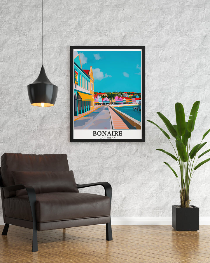 Bonaire Wall Poster offers a colorful and peaceful portrayal of the islands landscapes and its charming downtown, making it a perfect piece for anyone who loves tropical decor and Caribbean vibes.