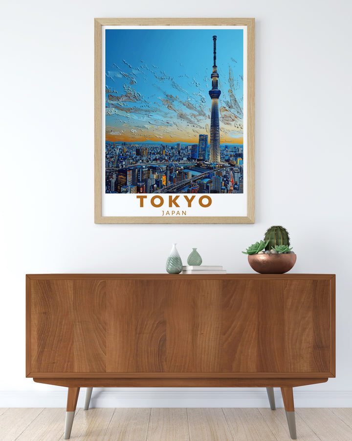 This framed art print captures the iconic landmarks of Tokyo and Mount Fuji in one stunning scene. With the Tokyo Skytree rising above the city and the serene Mount Fuji in the distance, this poster is perfect for those who love Japans contrasting landscapes.