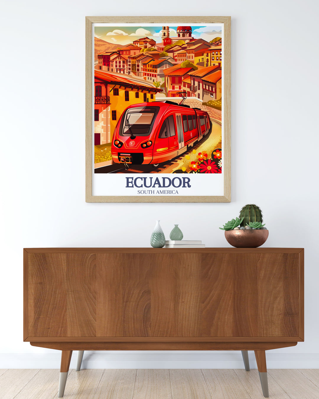 This travel print highlights the Cuenca tram as it winds through the historic city. Perfect for adding a touch of Ecuadorian culture to your home, this poster captures the blend of modern and old world beauty, making it ideal for travel lovers and art enthusiasts alike.