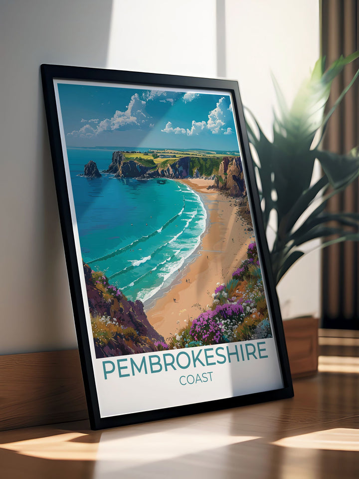 Barafundle Bay framed print depicting the serene beauty of the Welsh coastline with golden sands and azure waters perfect for enhancing your home decor and making a statement in any room with its timeless elegance and charm.