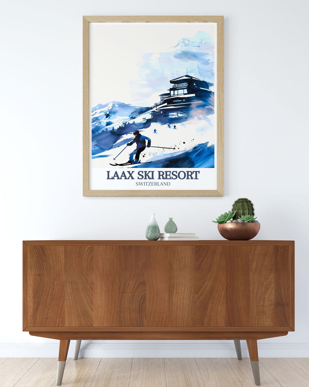 Add alpine adventure to your space with the Laax Ski Poster showcasing Crap Sogn Gion and the Flims Laax Falera ski resort offering a dynamic representation of Switzerland skiing perfect for winter sports lovers and travelers.