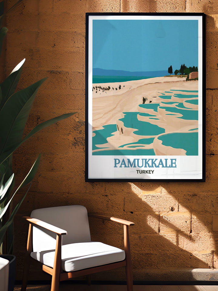 A beautifully detailed print of Pamukkale, showcasing the iconic white terraces and the mineral rich pools that fill them. This artwork is a must have for nature enthusiasts and those who appreciate the unique landscapes of Turkey.