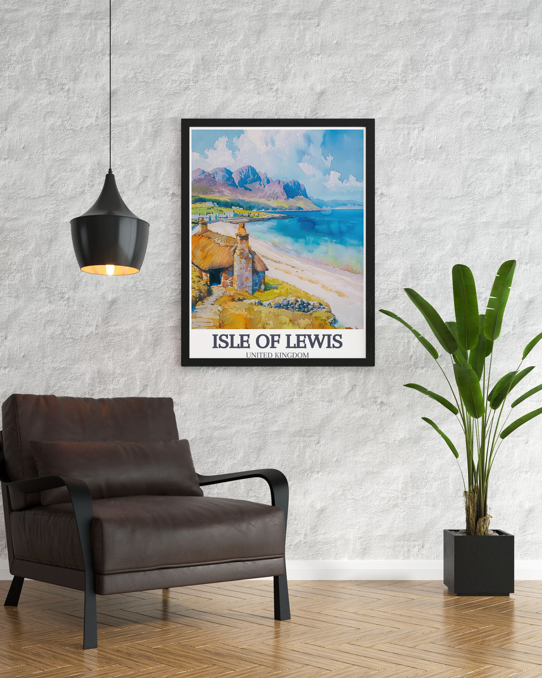 Canvas art featuring the picturesque Gearrannan Blackhouse Village, highlighting its restored stone houses and historical significance, offering a glimpse into Scotlands rich past for your home decor.