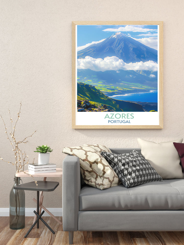 Azores travel print showcasing Mount Pico and Pico Island, blending natural beauty with artistic expression for a captivating wall piece.
