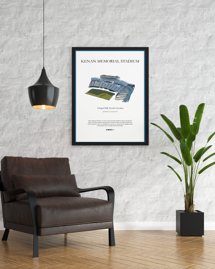 Memorial Stadium wall art is a timeless tribute to UNC football. This retro college football poster featuring Kenan Memorial Stadium will bring the energy of game day to any room making it the perfect gift for Tar Heels fans.